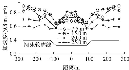 不同河岸高差下场地地表的加速度峰值（自由场）